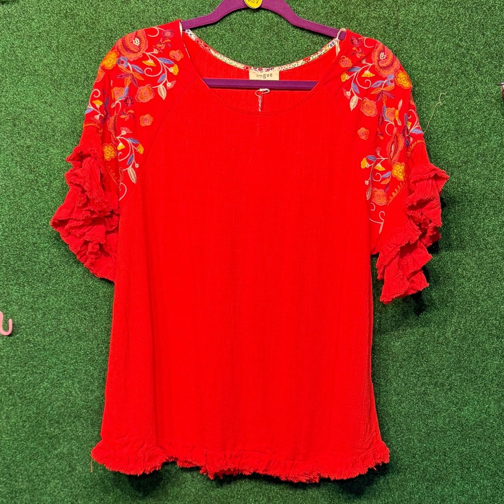 208 NWT Umgee Embroidered Sleeves Shirt Top